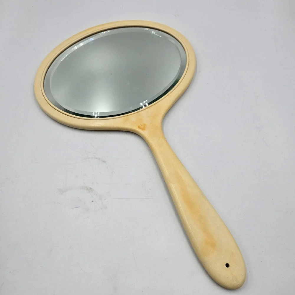 Antique French Ivory Celluloid‎ Hand Mirror Beveled Glass Vanity Art Deco 1920s